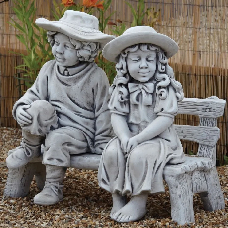 Boy & Girl on Bench Stone Garden Statue