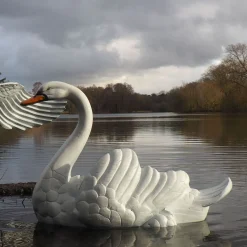 Grand Pair of Swans Antique White Metal Garden Statues