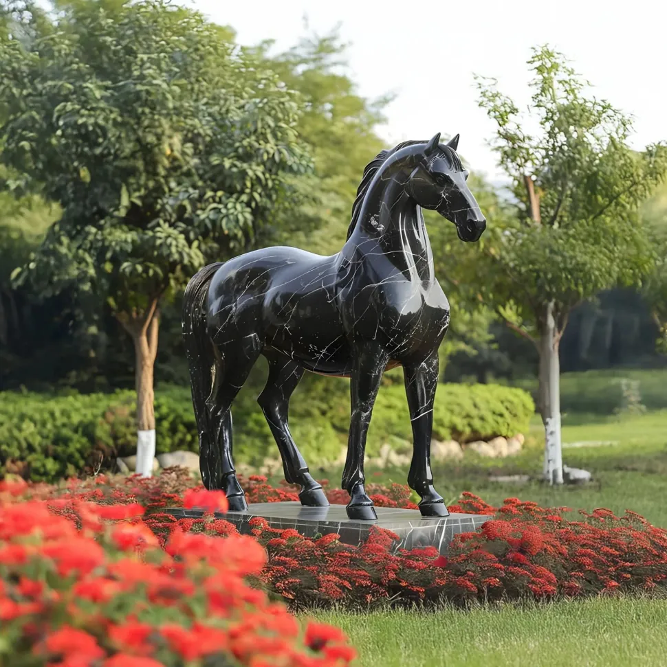 Imperial Stallion 220cm Black Marble Garden Statue
