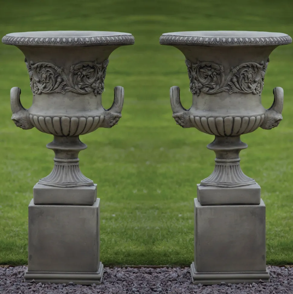 Pair of Grecian Stone Garden Planter Urns on Pedestals