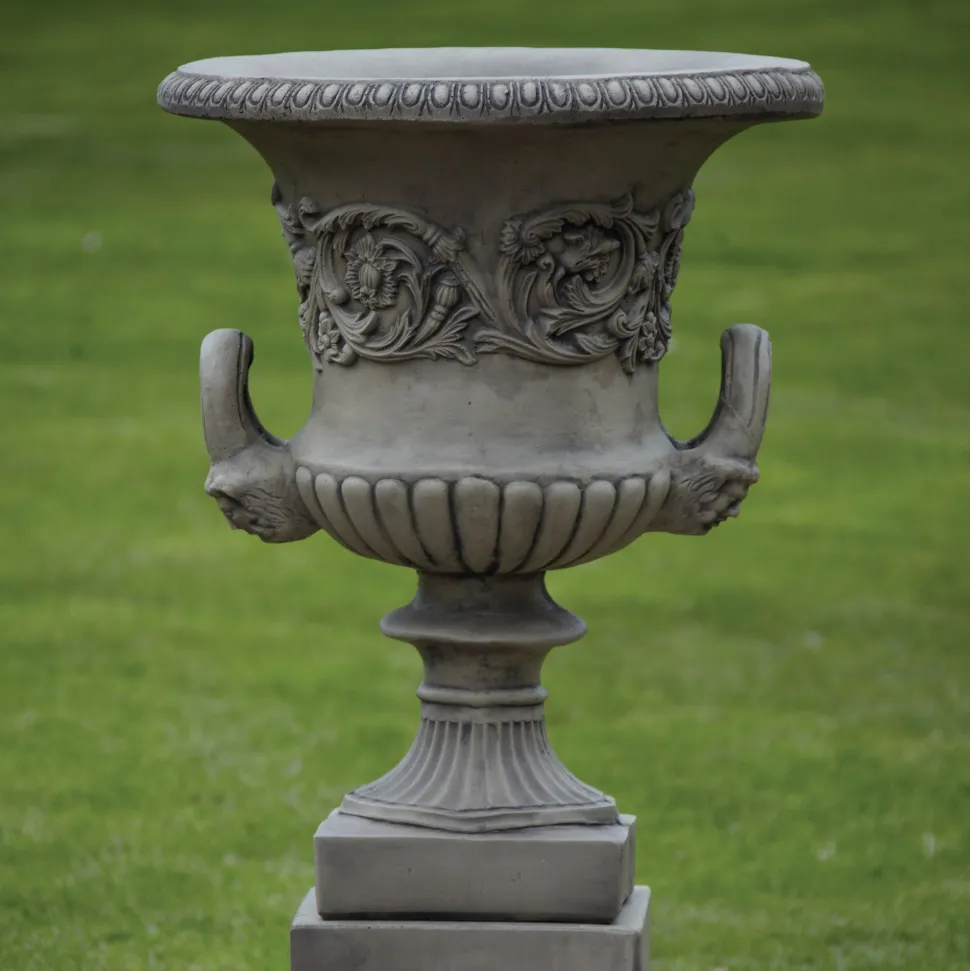 Pair of Grecian Stone Garden Planter Urns on Pedestals
