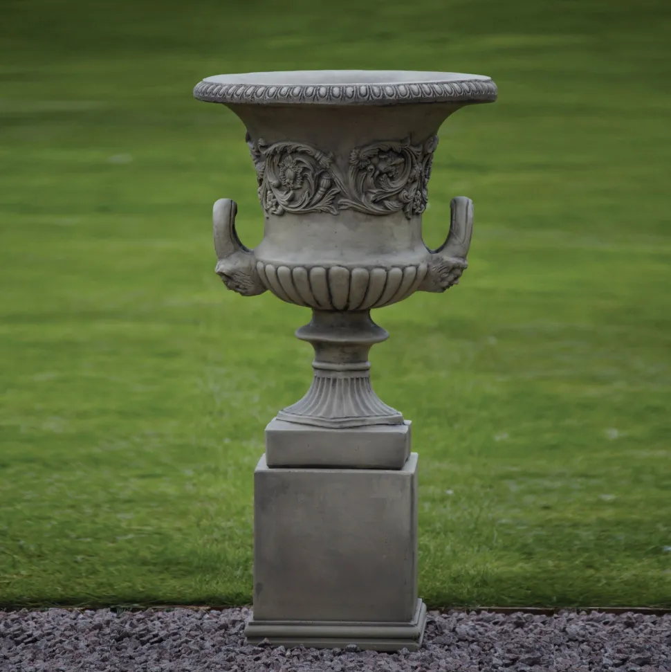 Pair of Grecian Stone Garden Planter Urns on Pedestals
