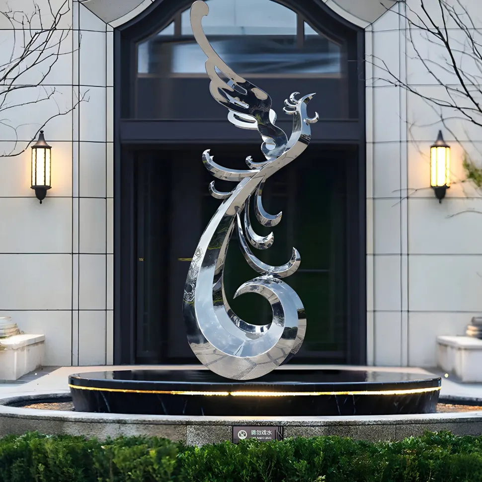 Phoenix Rising 212cm Silver Metal Garden Sculpture