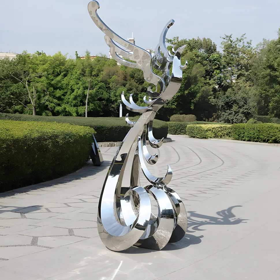 Phoenix Rising 212cm Silver Metal Garden Sculpture