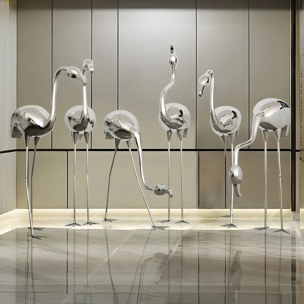 Pure Flamingo 124cm Silver Metal Garden Sculpture