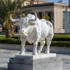 Regal Bull 120cm White Marble Garden Statue v3