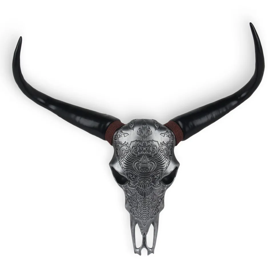 Sacred Buffalo 63cm Silver Resin Wall Sculpture