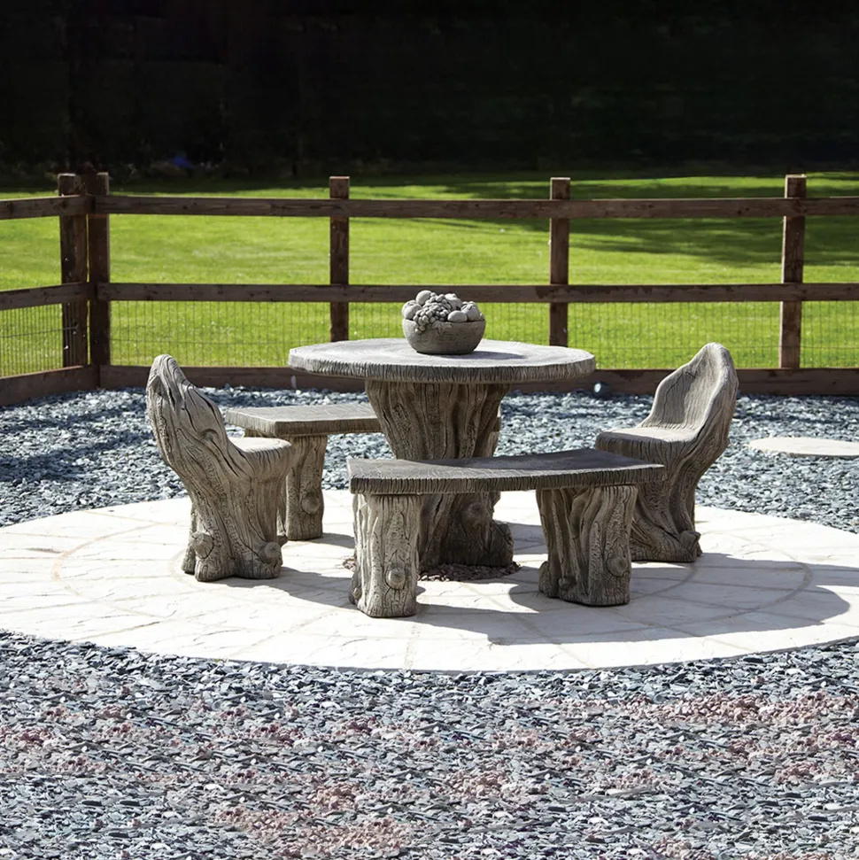 Woodlands Stone Benches & Table Patio Garden Furniture Set